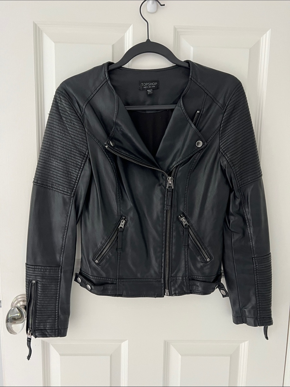 Topshop Black Faux Leather Biker Jacket with Quilted Sleeves